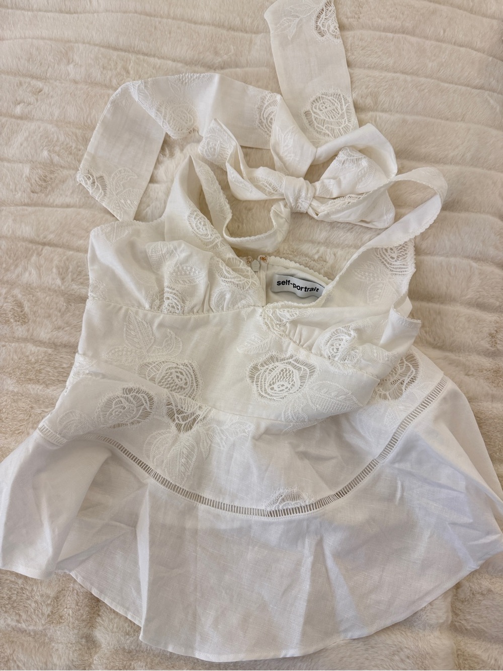 NWOT Self-Portrait white linen peplum top - Picture 7 of 7